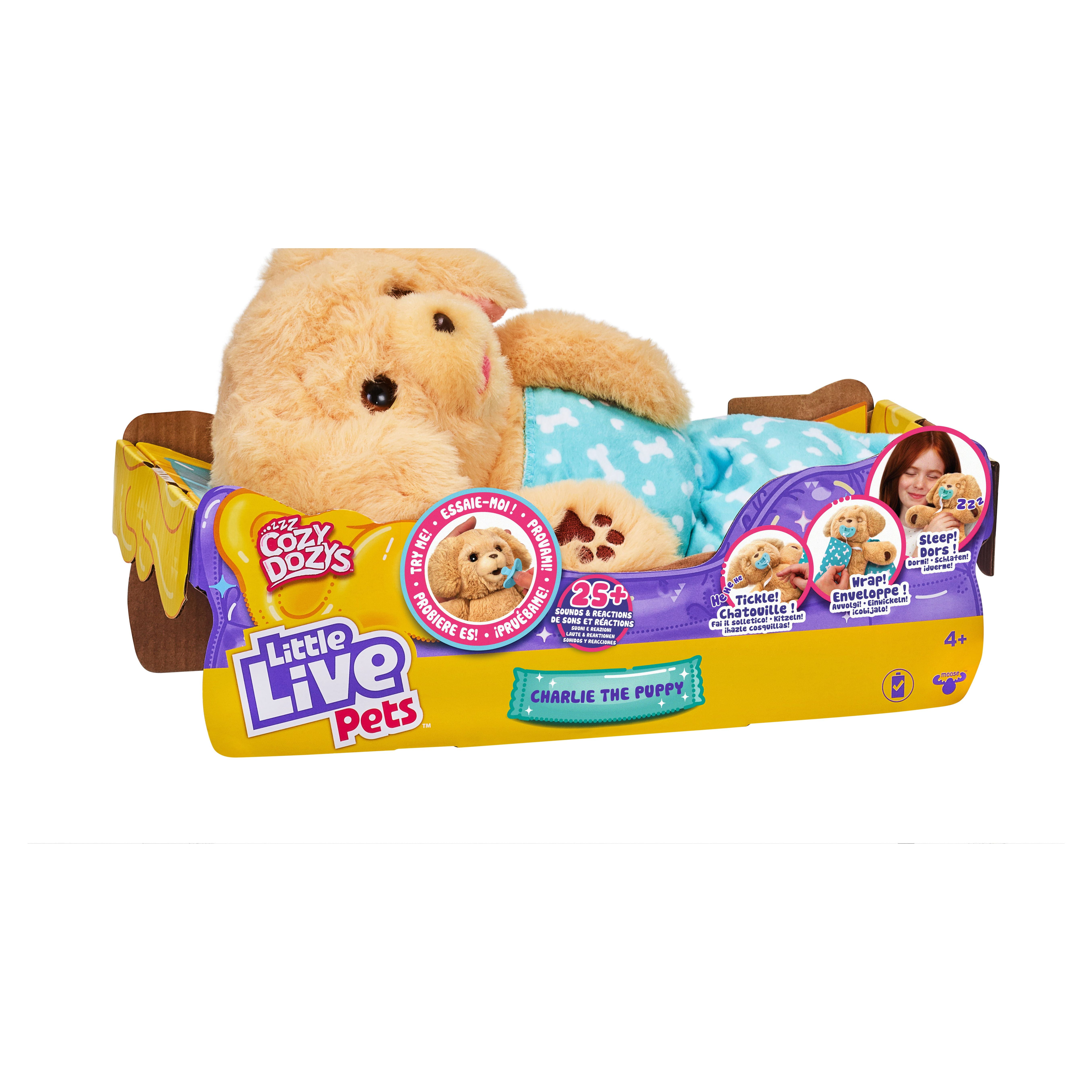Little Live Pets - Cozy Dozys: Charlie The Puppy, Interactive Plush Toy Dog, 25+ Sounds and Reactions, Magical Eye Movement, Blanket, Pacifier and Batteries Included. For Kids Ages 4+.