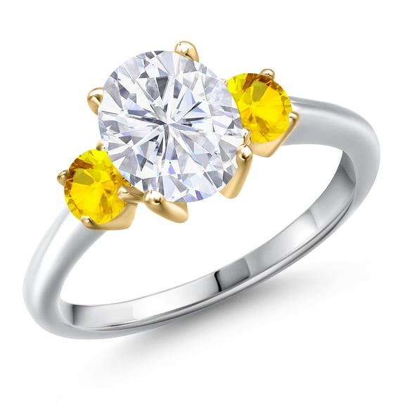 Gem Stone King 925 Silver and 10K Yellow Gold White Moissanite and Yellow Sapphire Engagement Ring for Women | 2.82 Cttw | Oval 9X7MM | Gemstone Birthstone | Size 9