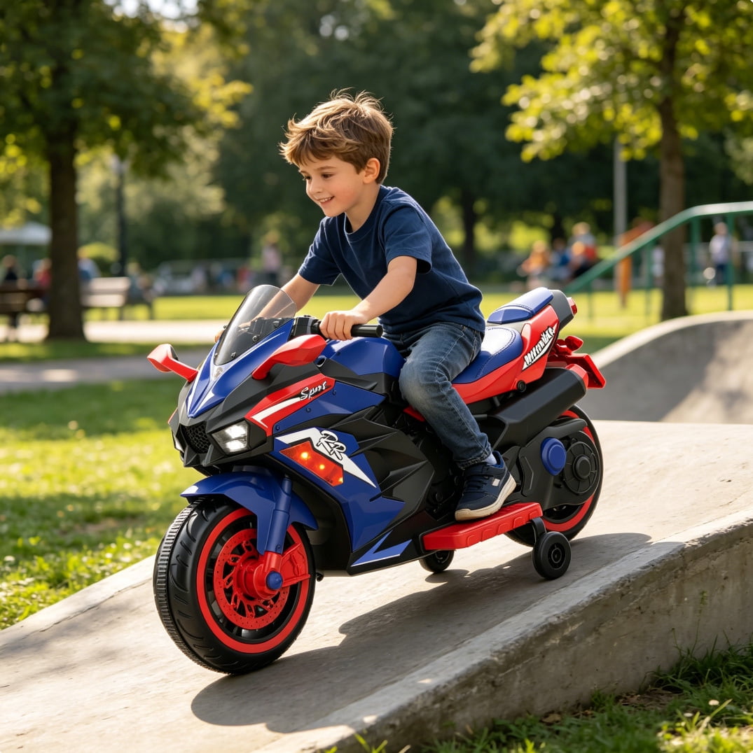 HNH 12V Ride on Motorcycle, Kids Motorcycle with Remote Control, Music, Bluetooth, Lights，Electric Motorcycle for Boys Girls