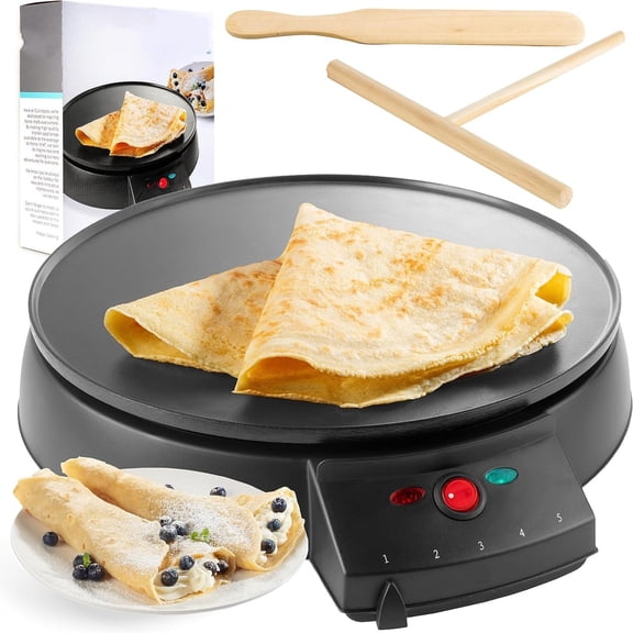 12" Griddle & Crepe Maker, Non-Stick Electric Holiday Crepe Pan w Batter Spreader & Recipe Guide- Dual Use Hot Plate for Xmas Morning Blintzes, Eggs, Pancakes- Portable, Adjustable Temp Settings