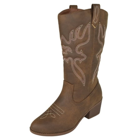 

Women Cowgirl Cowboy Stitched Mid Calf Forever Boots Pointy Toe Western Light Brown Tan 10