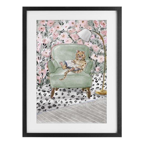Stupell Industries Bohemian Cozy Cat Reading Black Framed Print Under Glass, 17 x 23, by Lanie Loreth