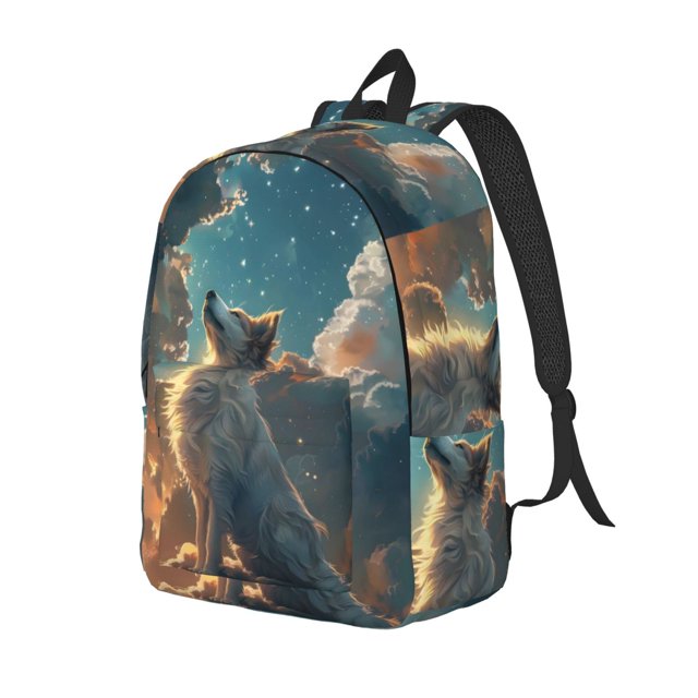 Balery Starry Sky Cloud Wolf Mochila Clásica Impresa Básica para Viaje, Mochila Escolar Resistente al Agua, Mochila de Lona con Correas Ajustables-Medium
