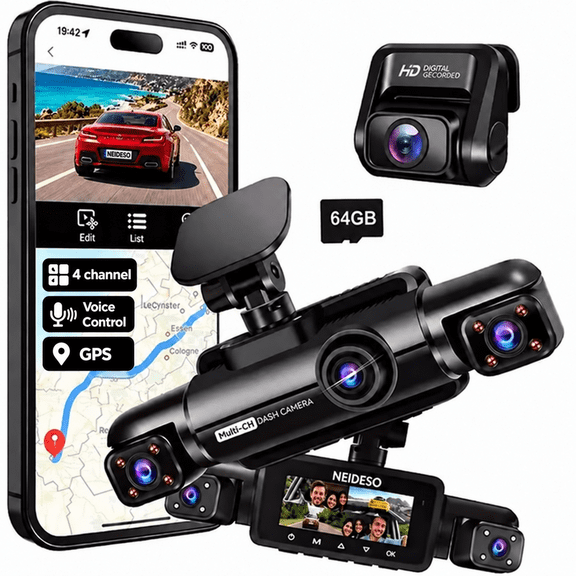 Neideso 4 Channel Dash Cam, 360° Front and Rear Inside Car Dash Camera, Free 64GB Card, 2.4G WiFi, GPS, Super Night Vision , Voice Control, G-Sensor, 24H Parking Mode