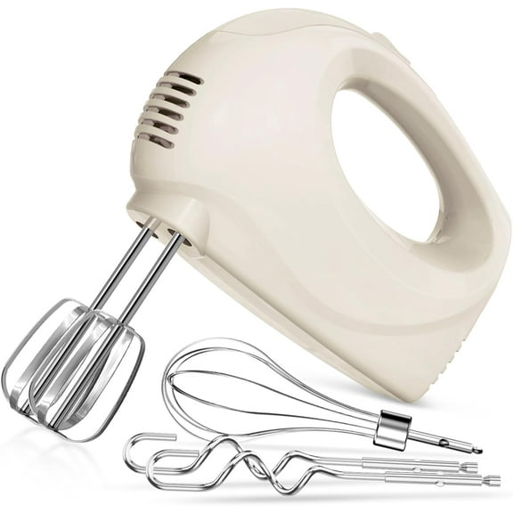 KitchenKey Handmixer Electric Handheld - 5 Speed Portable Kitchen Mixer Electric with 5 Stainless Steel Accessories Whisk, Food Beater for Whipping Mixing Cookies(Ivory)