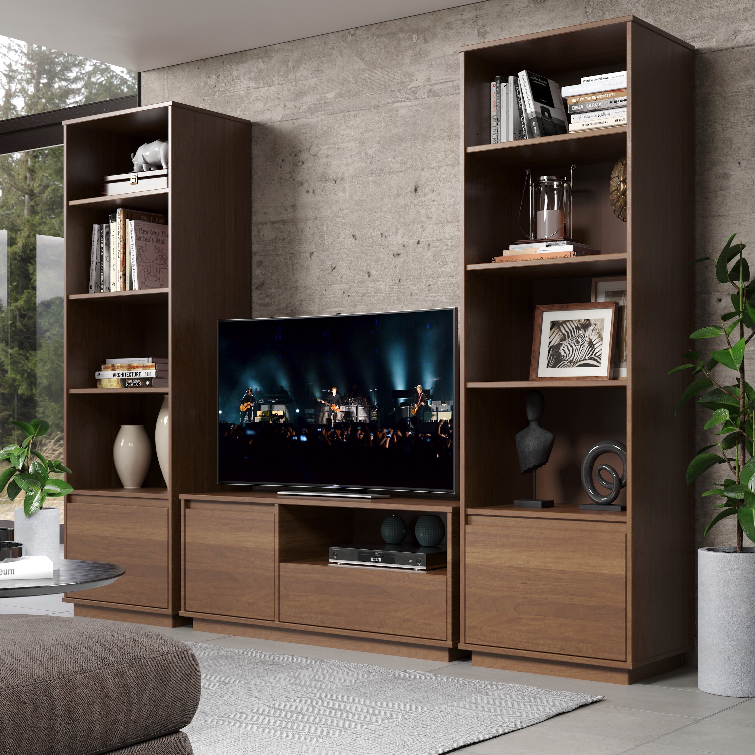 Linon Winston Single Drawer Mid-Century Television Stand with 2 Shelves, 43.5" L, Walnut