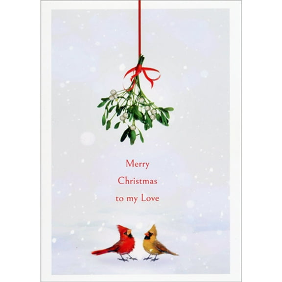 Pictura Red and Yellow Cardinals Under Mistletoe Christmas Card for My Love