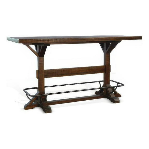 Flint Pub Bar Table- Black Metal Foot Rail- 78 Inch- Dark Brown Wood