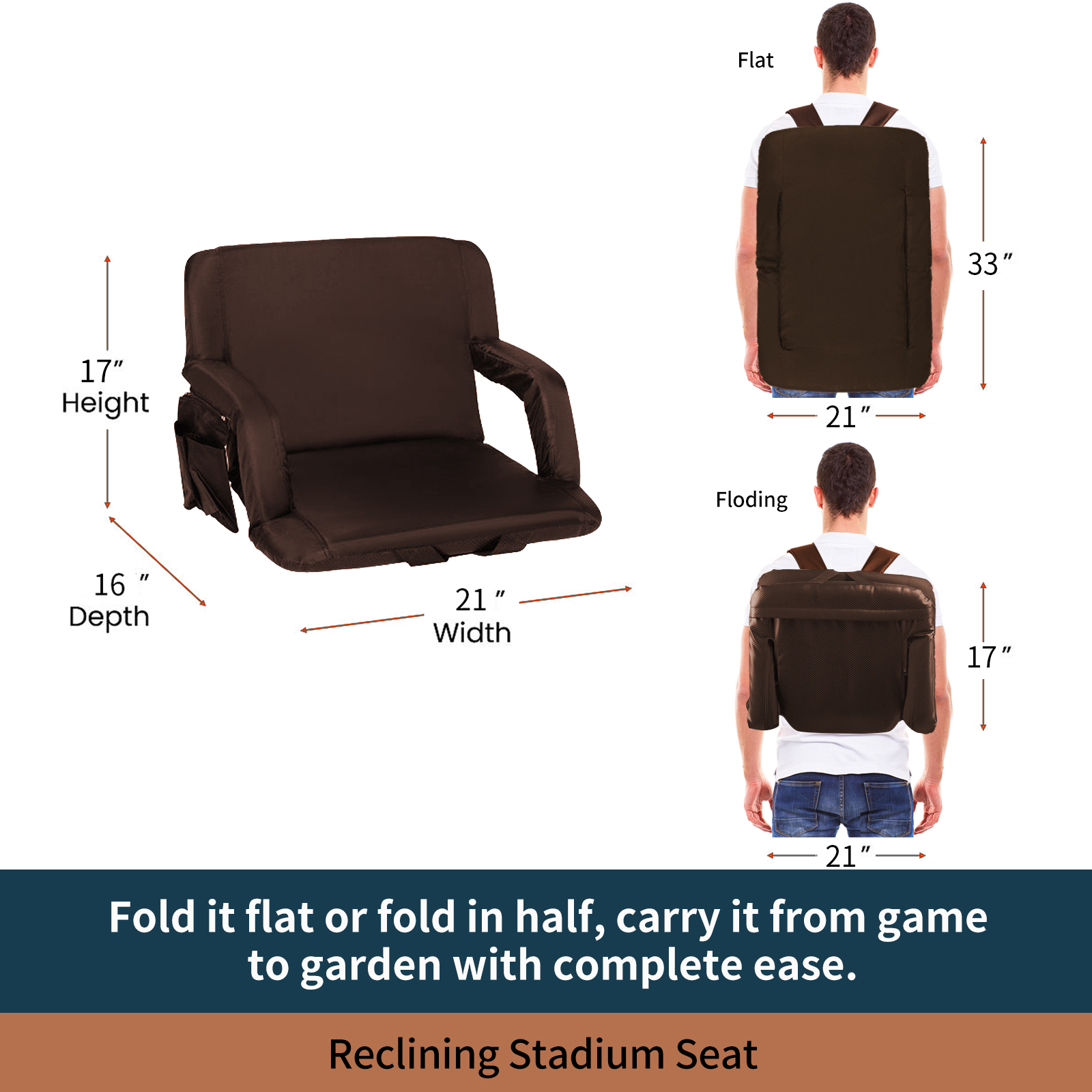 Seamander Large Size Foldable Stadium Seat Chair for Bleacher Padded Back Support with 6 Reclining Positions, Brown