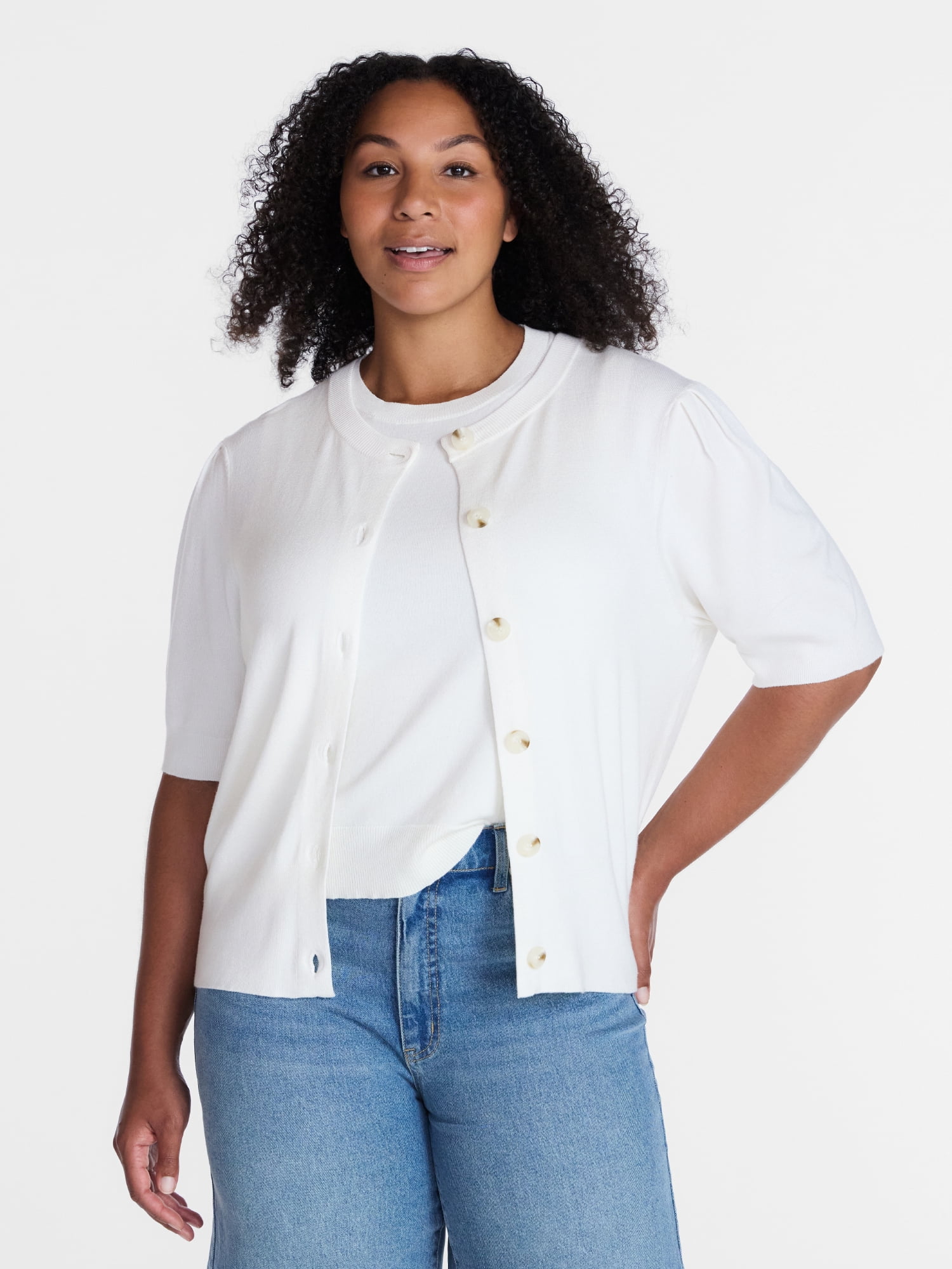 Time and Tru Woman's Crew Cardigan with Short Sleeves, Sizes XS-XXXL