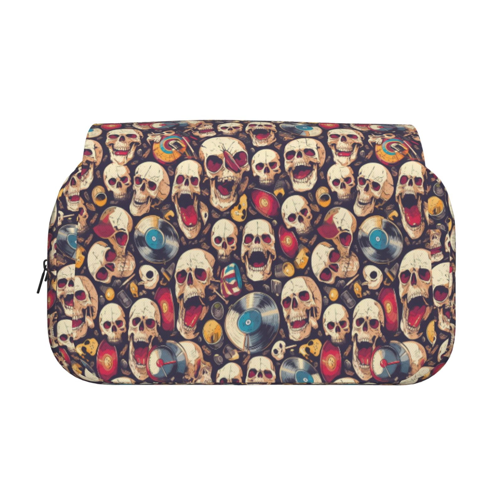 Rateoe rock record music Skull Pattern Double Clamshell Pen Case, Storage Organizer with Two Zipper Compartments– Holds Up to 50 Pencils & Pens