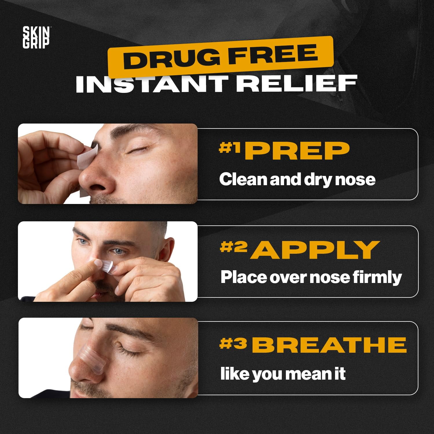 Skin Grip Nasal Strips for Snoring & Breathing –Instant Relief from Nasal Congestion, Drug-Free Snore Strips, All-Day Hold – Sleep Better, Exercise Stronger, Travel Confidently – 90-Day Supply, Clear