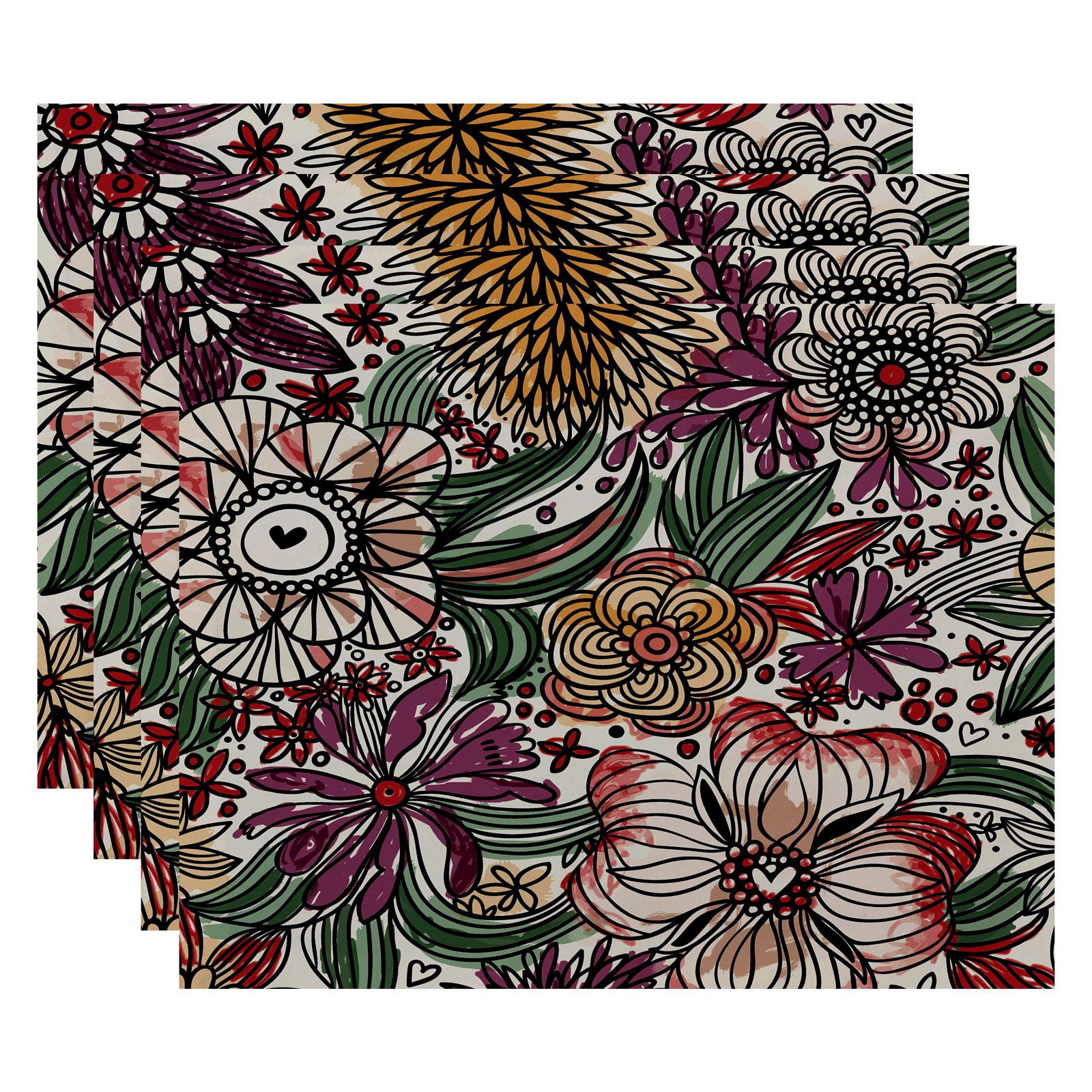 Simply Daisy 18" x 14" Zentangle Floral Floral Print Placemats, Set of 4