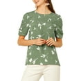 thumbnail image 6 of INSPIRE CHIC Women's Shirred Tops Crew Neck Short Sleeve Keyhole Back Floral Blouse S Green, 6 of 9