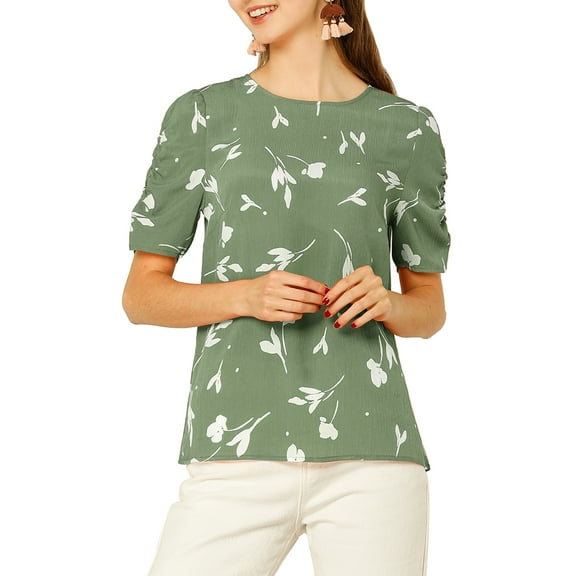 DARING DIVA Floral Crew Neck Shirred Short Sleeve Casual Top XS Green