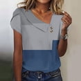 thumbnail image 2 of Dazajoo Color Block Short Sleeve Tops for Women Slant Collar Button V Neck Elegant Tunic Tee 2024 Womens Summer Sprited Csaual Shirts,Blue,S, 2 of 5