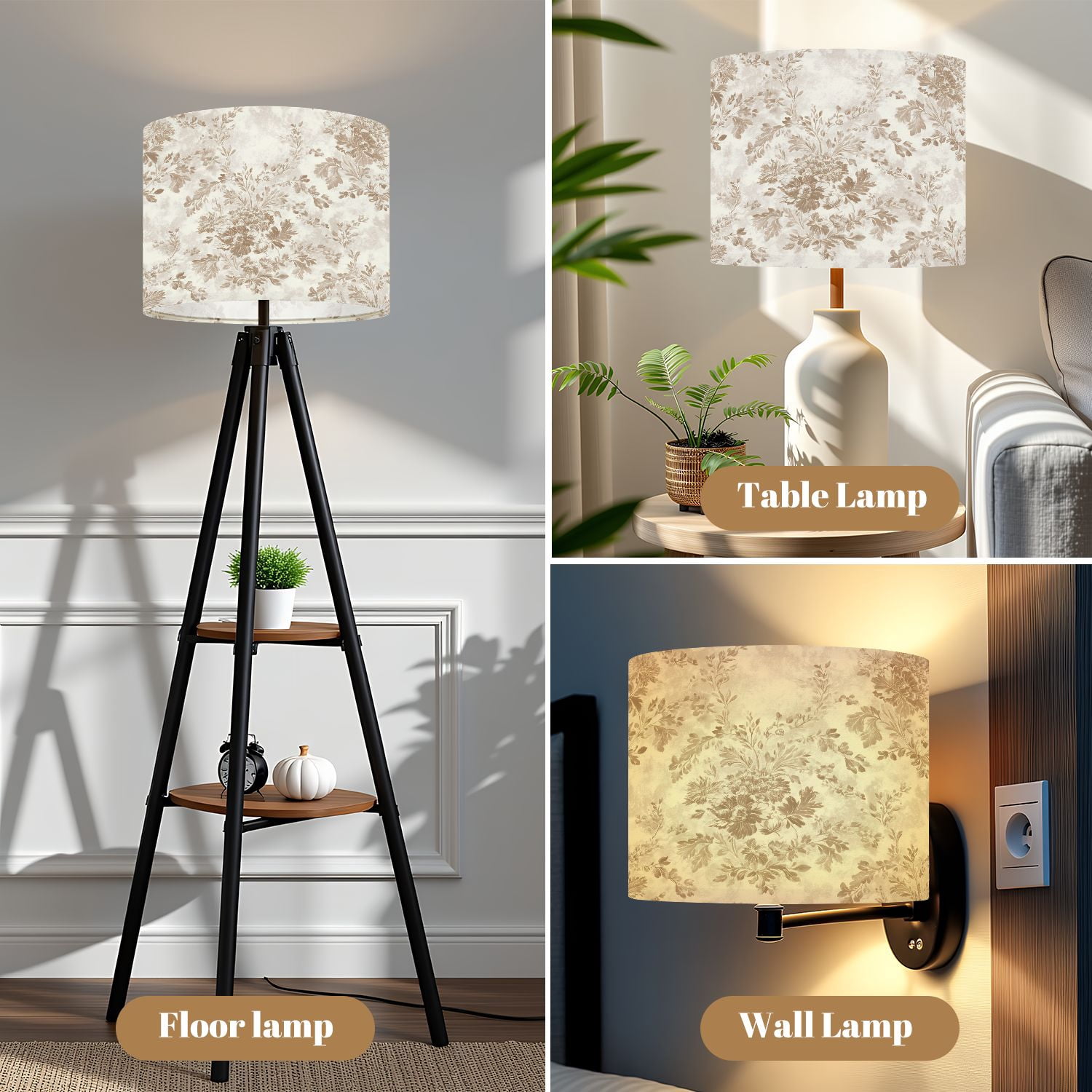 Linen Drum Lamp Shades Vintage Floral Soft Beige Brown Tones 13" x 13" x 10" Lampshade for Table Lamps Floor Lamps Lamp Shade Replacement Easy Assembly Required