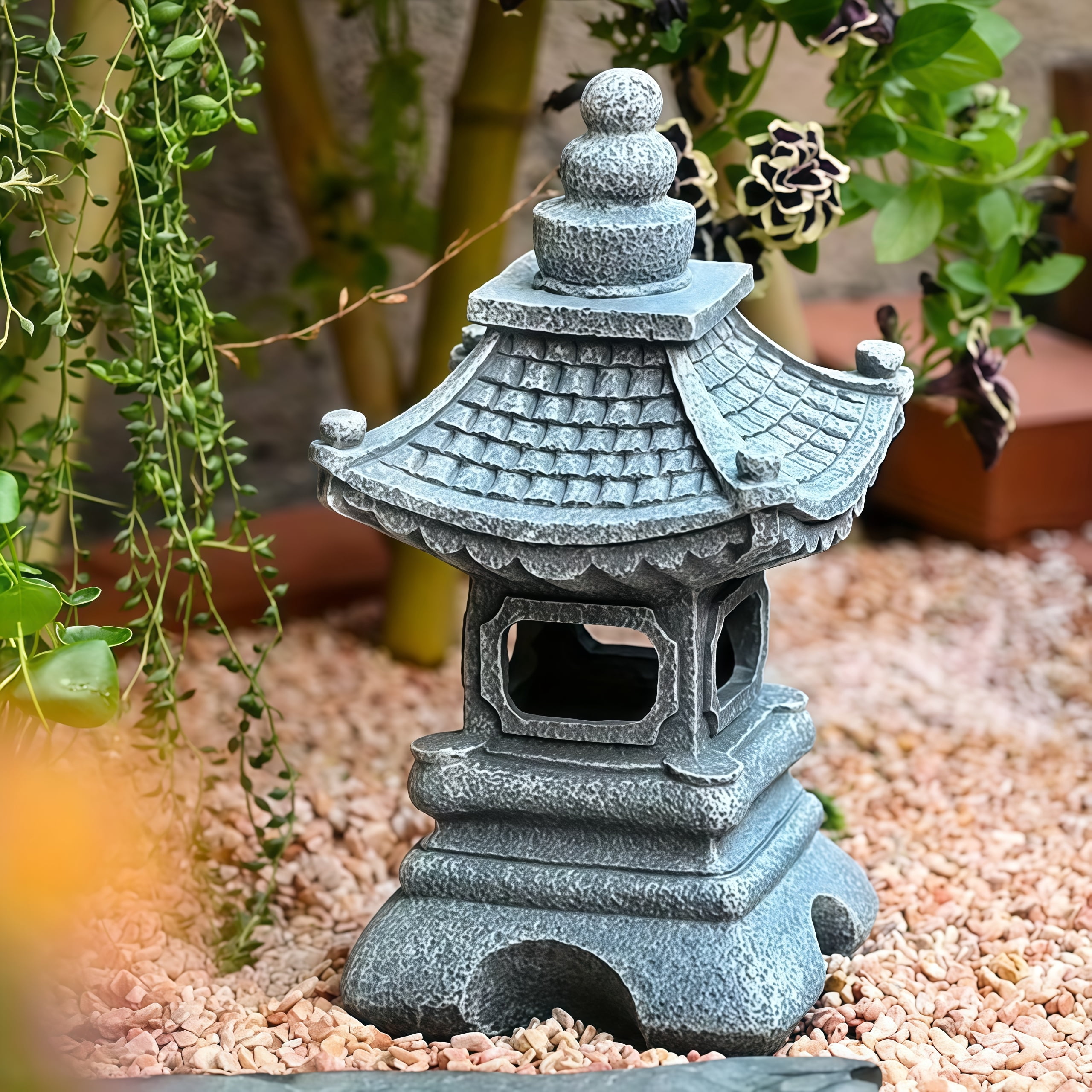 Lumiartisan 13.39in Resin Japanese Pagoda Solar Lantern Garden Statue, Gray