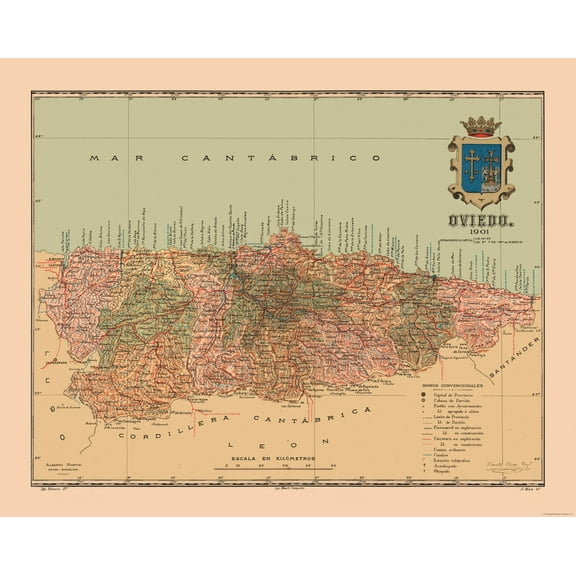 Historic Map - Oviedo Spain - Martine 1904 - 28.82 x 23 - Vintage Wall Art