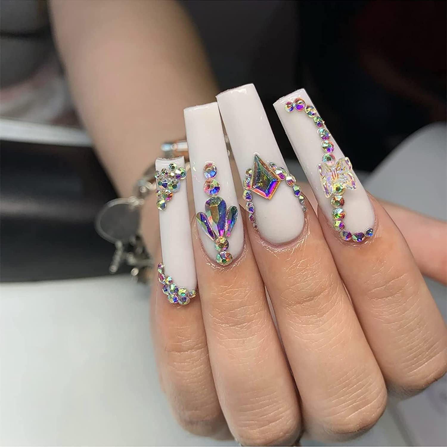 24PCS Fake Nails French Nails with Rhinestone, Press on Nails Long Coffin  French Tip, Luxury Acrylic False Nails for Women/Daily/Party(luxury whiteC)  