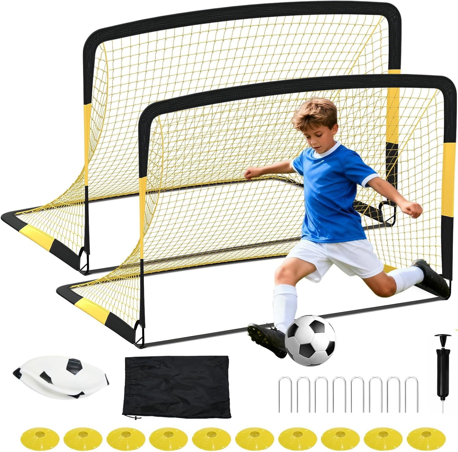 BouPower 7x5Ft / 6x4Ft / 12x6Ft Portable Soccer Goal Net, 3-in-1 Rebounder Football Training Goal with Fiberglass & Painted Steel Frame for Backyard Outdoor Practice All Ages