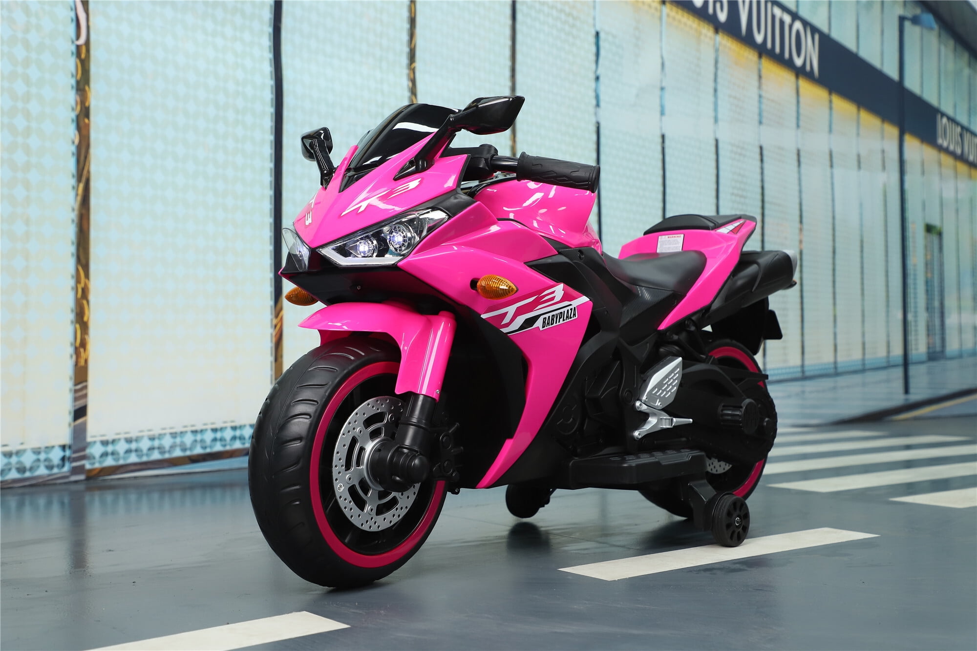 HNH 12V Pink Motorcycle, Ride on Motorcycle for Kids 3-8 Yeas, Battery Powered Motorbike with Light Wheels and Bluetooth, 4Mph