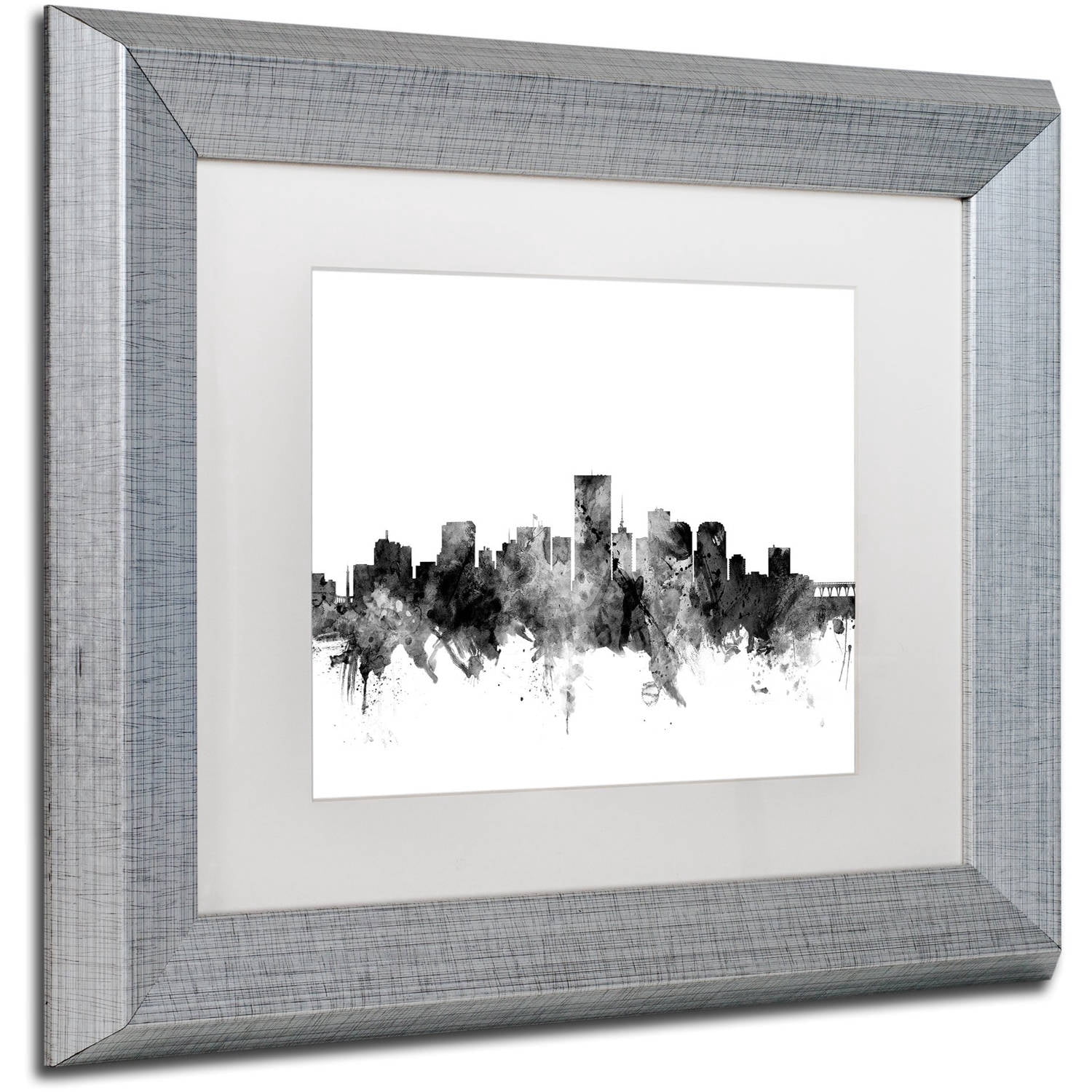 Trademark Fine Art "Richmond Virginia Skyline B&W" Canvas Art by Michael Tompsett, White Matte, Silver Frame
