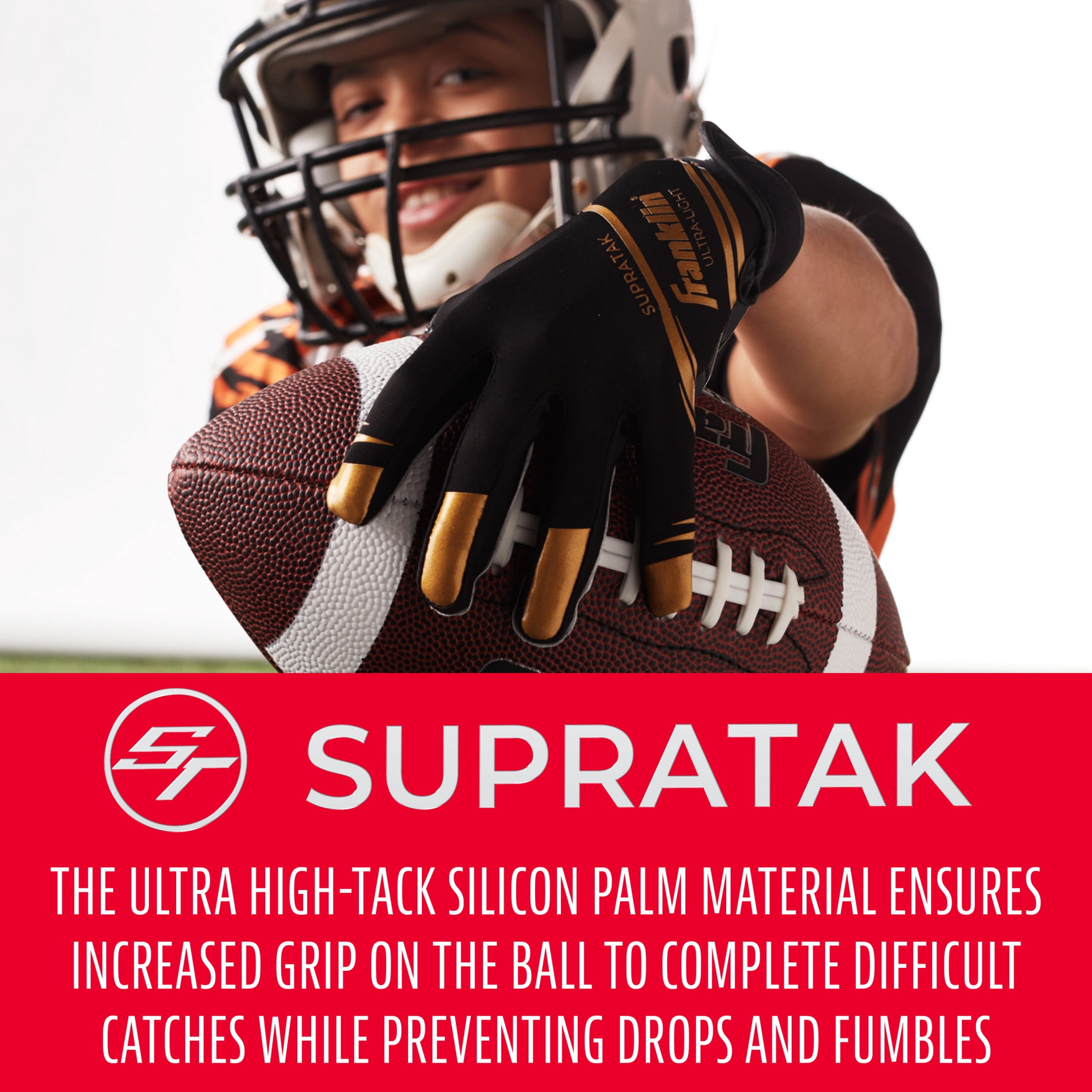 Franklin Sports Supratak Football Receiver Gloves - Black Gold - Adult Small