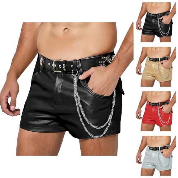 Men Fashion Leather Casual Shorts - PU Material Cool Summer Pants With Edgy Vibe, Motorcycle Punk Style Gym Shorts For Street Music Festival & Personality Outfit Statements Bold