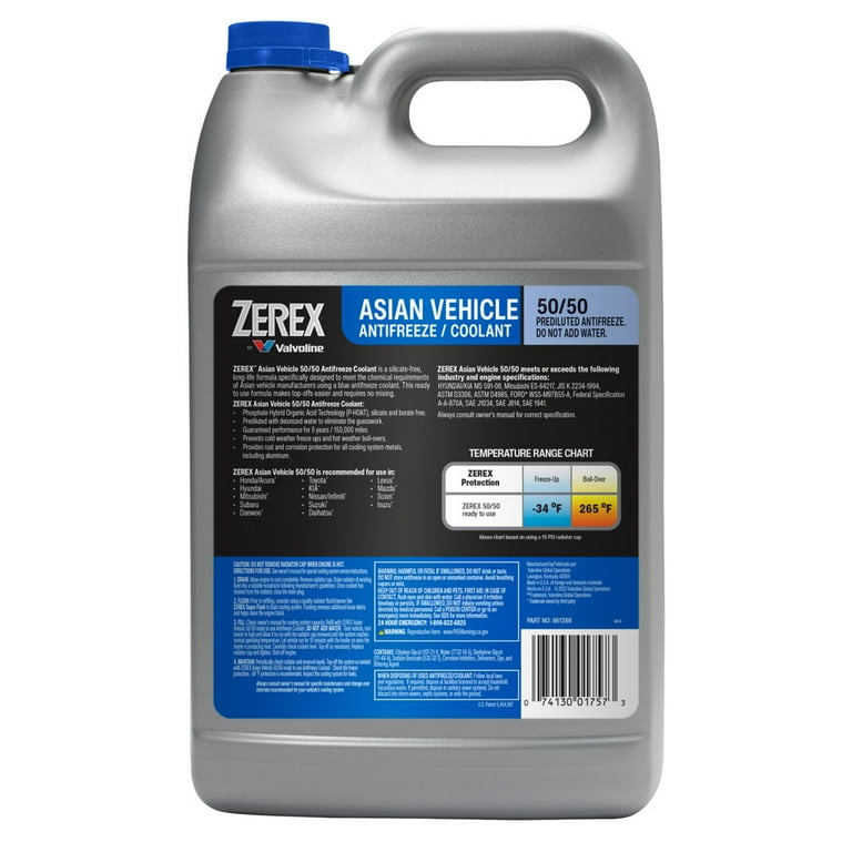 Valvoline Zerex Asian Vehicle Blue Antifreeze Coolant, Premixed 50/50, 1 Gallon - Walmart.com Valvoline Zerex Asian Vehicle Blue Antifreeze Coolant, Premixed 50/50, 1 Gallon - Walmart.com