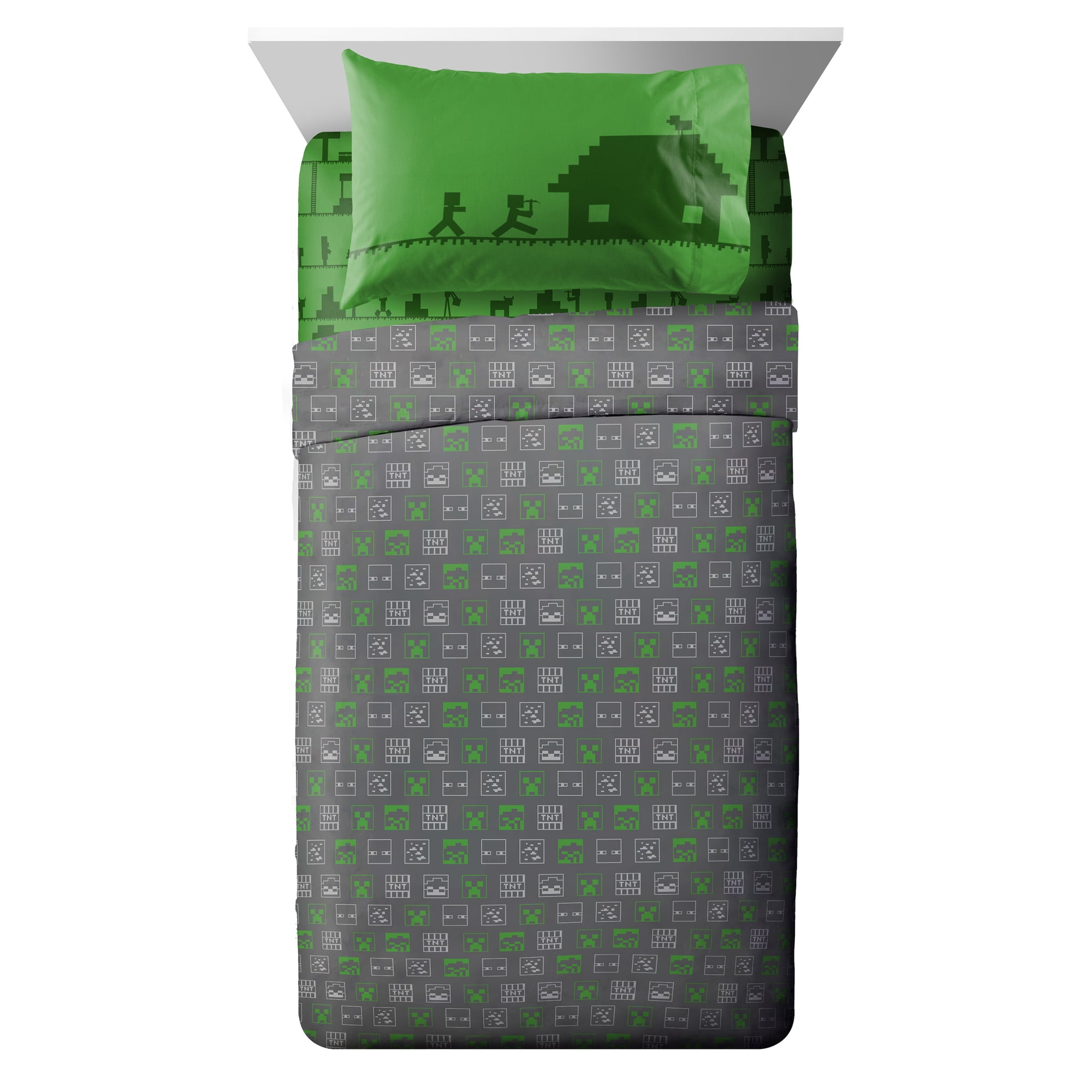 Minecraft Icon Adventure Kids 4-Piece Full Sheet Set, Microfiber, Green, Mojang