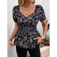 thumbnail image 2 of Womens Short Sleeve T Shirts V Neck Casual Collared Tops Puff Sleeve Work Tunic Blouses Blue S, 2 of 8