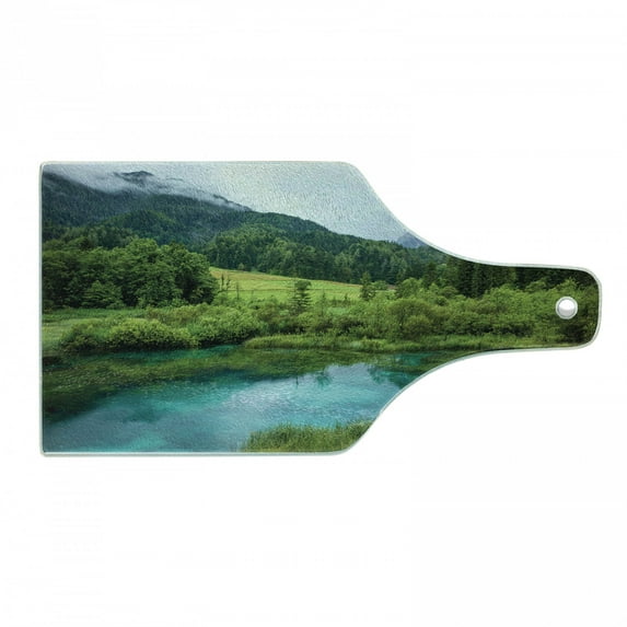 Landscape Cutting Board, Photo of Zelenci Pond near Kranjska Gora in Slovenia Idyllic View Scenic Scenery, Tempered Glass Cutting and Serving Board, Wine Bottle Shape, Green Aqua, by Ambesonne