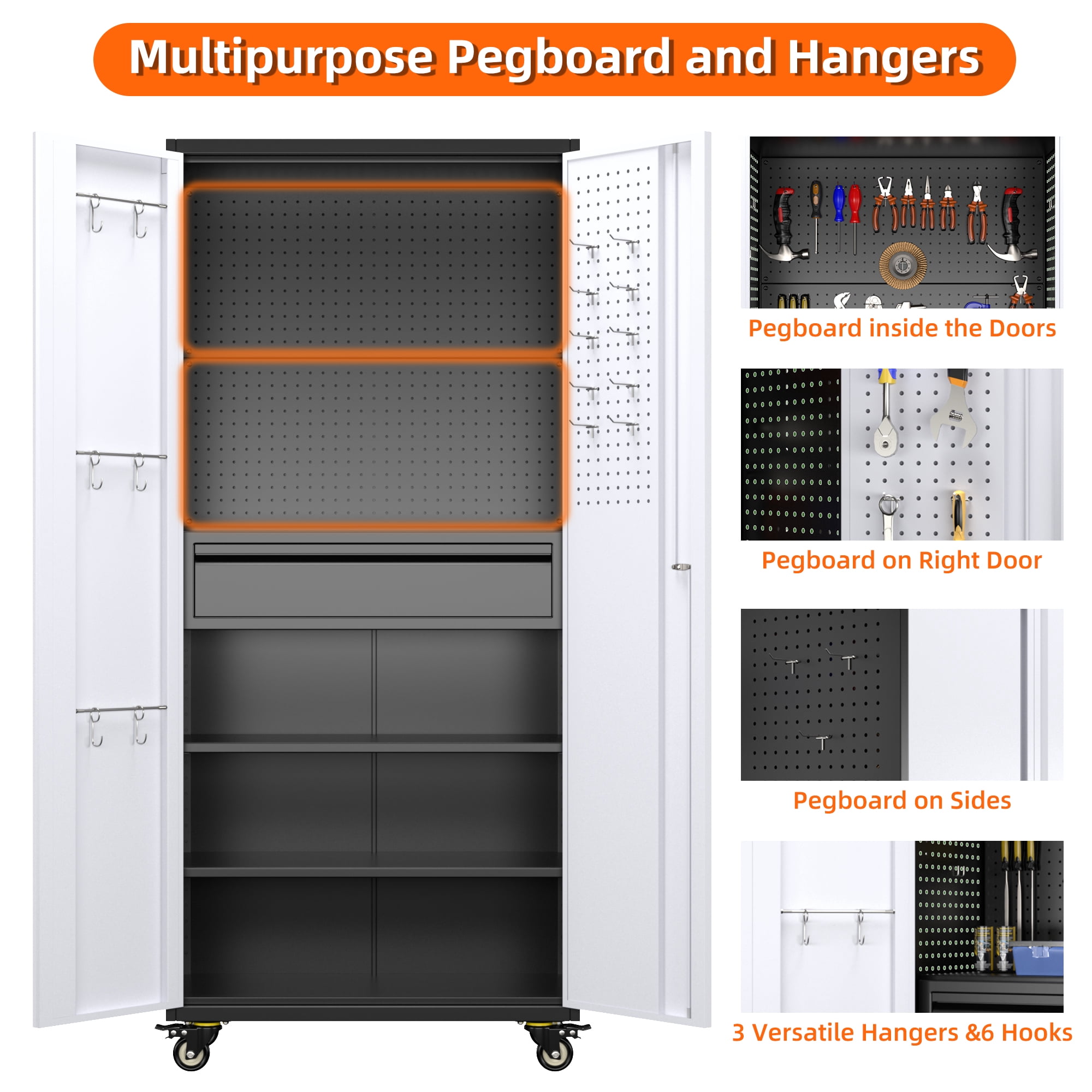 Aobabo 71" H Metal Garage Cabinet with Wheels with 5 Pegboards & 1 Drawer,Lockable Steel Tool Storage Cabinet for Garage,Home,Office,Warehouse,Assembly Required,Black+Gray