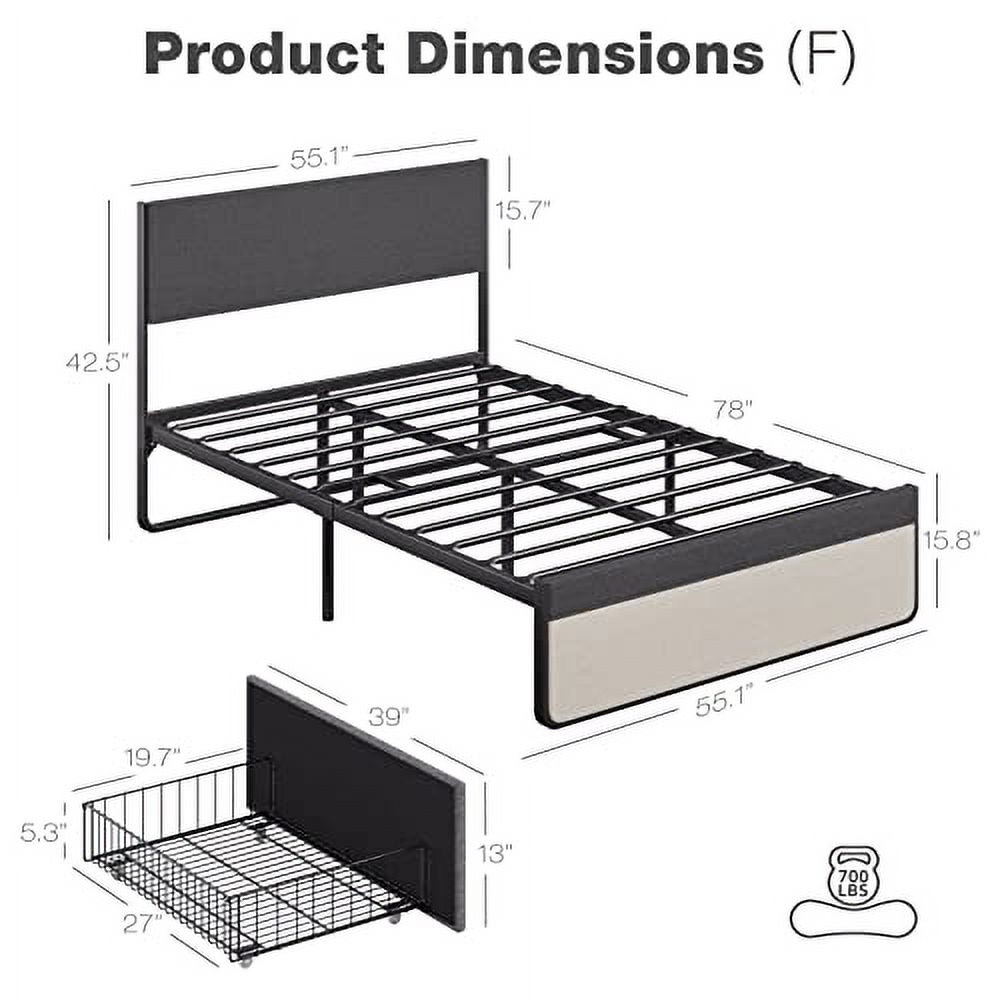 Full/Queen Size Bed Frame with 2 Storage Drawers, Platform Upholstered Bed Frame with Headboard, Mattress Foundation with Steel Slat Support, No Box Spring Needed