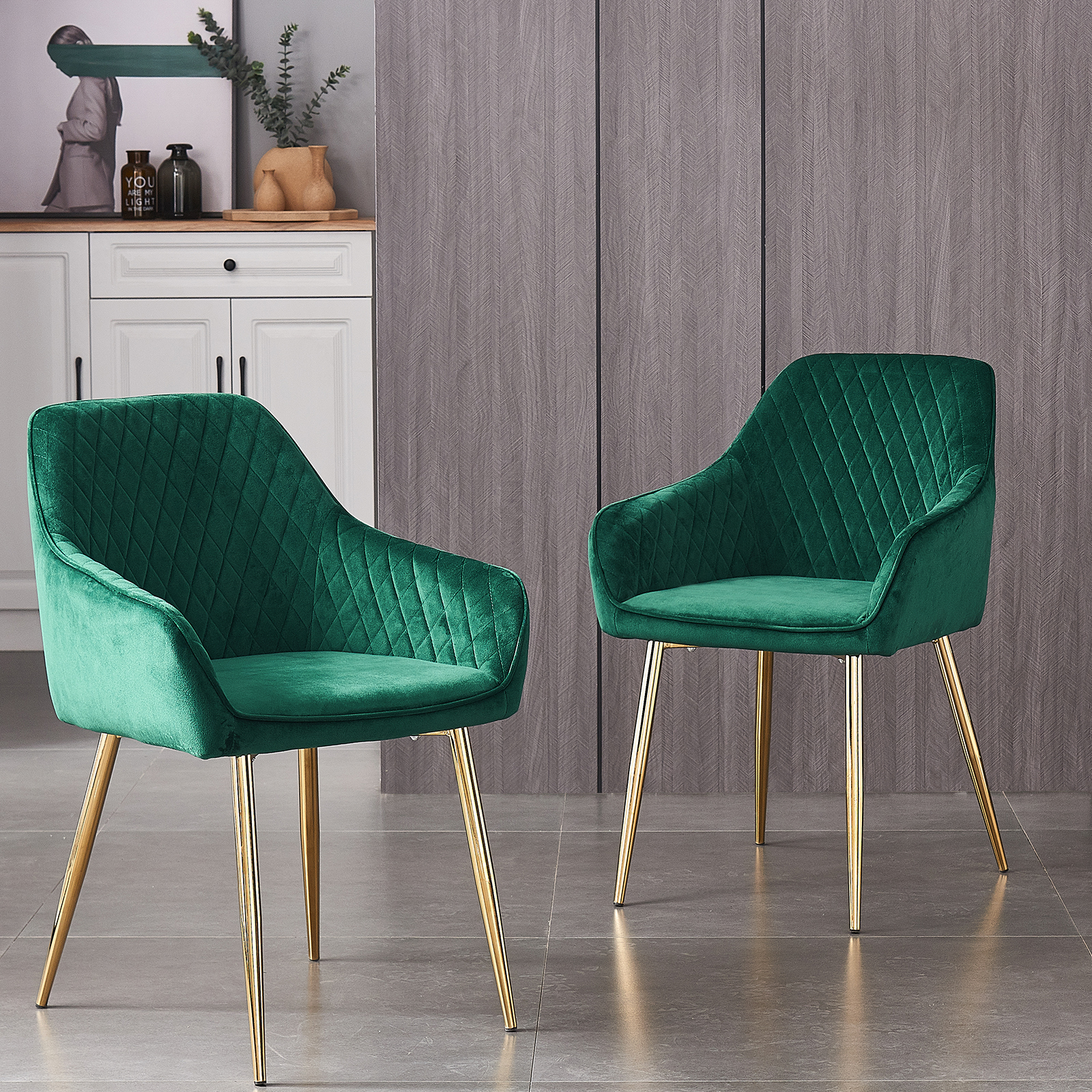 KEIVVAKN Velvet Dining Chairs Green with Gold Legs Set of 2 for Kitchen