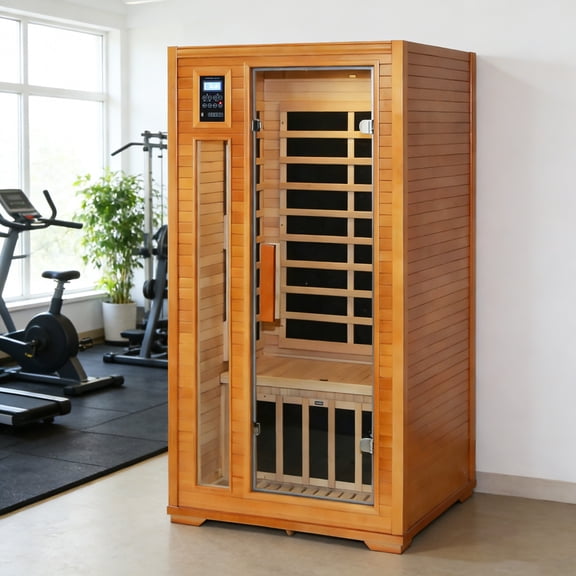 INTER HUT Infrared Sauna Home Spa Room Canadian Hemlock Wood Low EMF with Control Panel, Light Therapy and Bluetooth Speakers, Brown