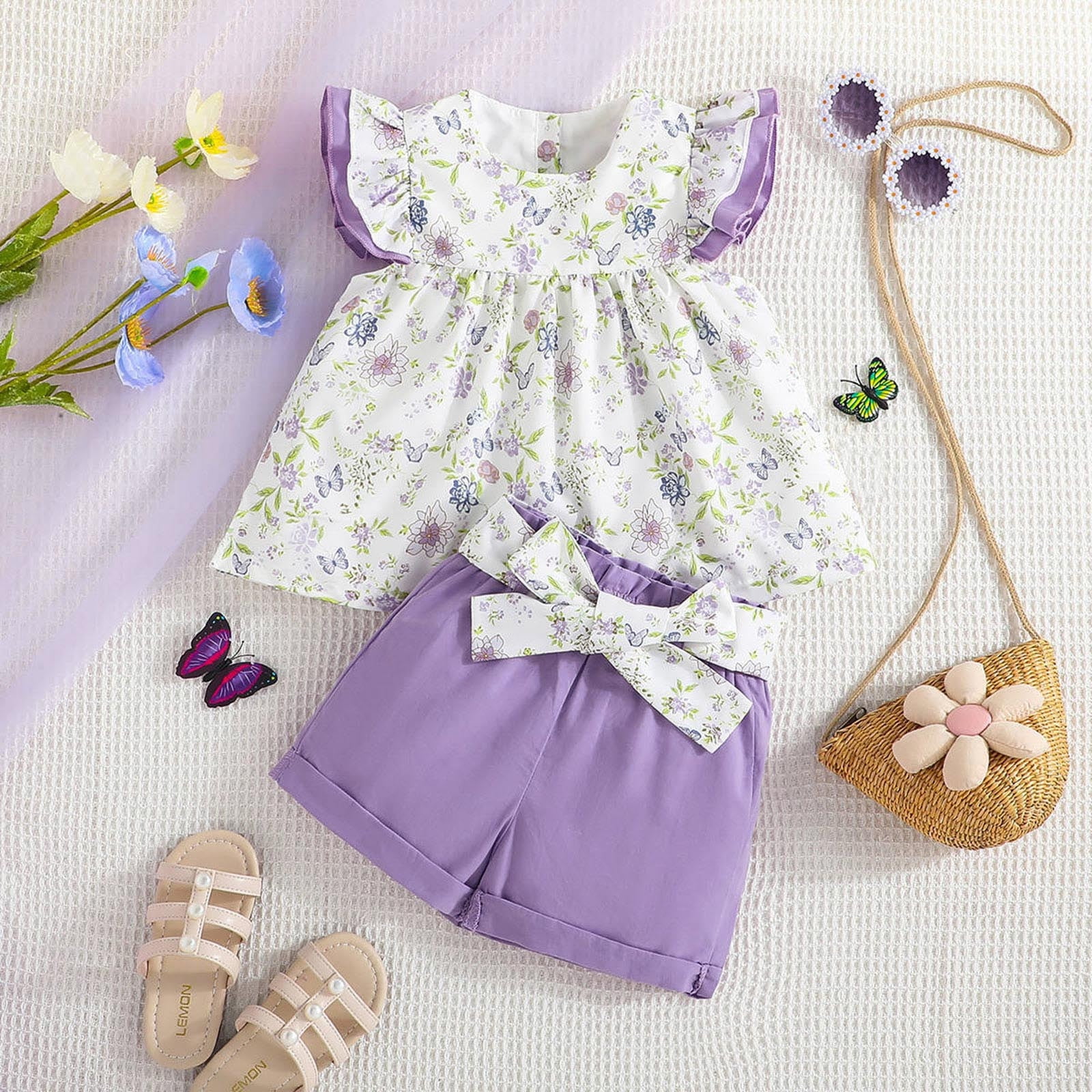 Big Kid Girl Clothing Little Girl Fashion Outfits Toddler Girls Summer Sleeveless Flower Prints Tops Shorts Belt 3PCS Outfits Clothes Girls