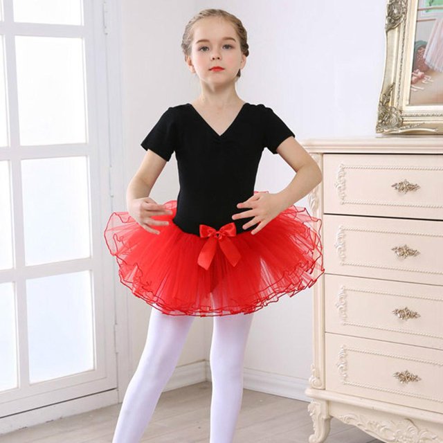 Leotardo de Danza Manga Corta Cuello V de Tutu de Tul 3 Capas Cintura Elástica con Bowkont para Niñas Pequeñas 130 Macarena tutu leotardo para niña pequeña