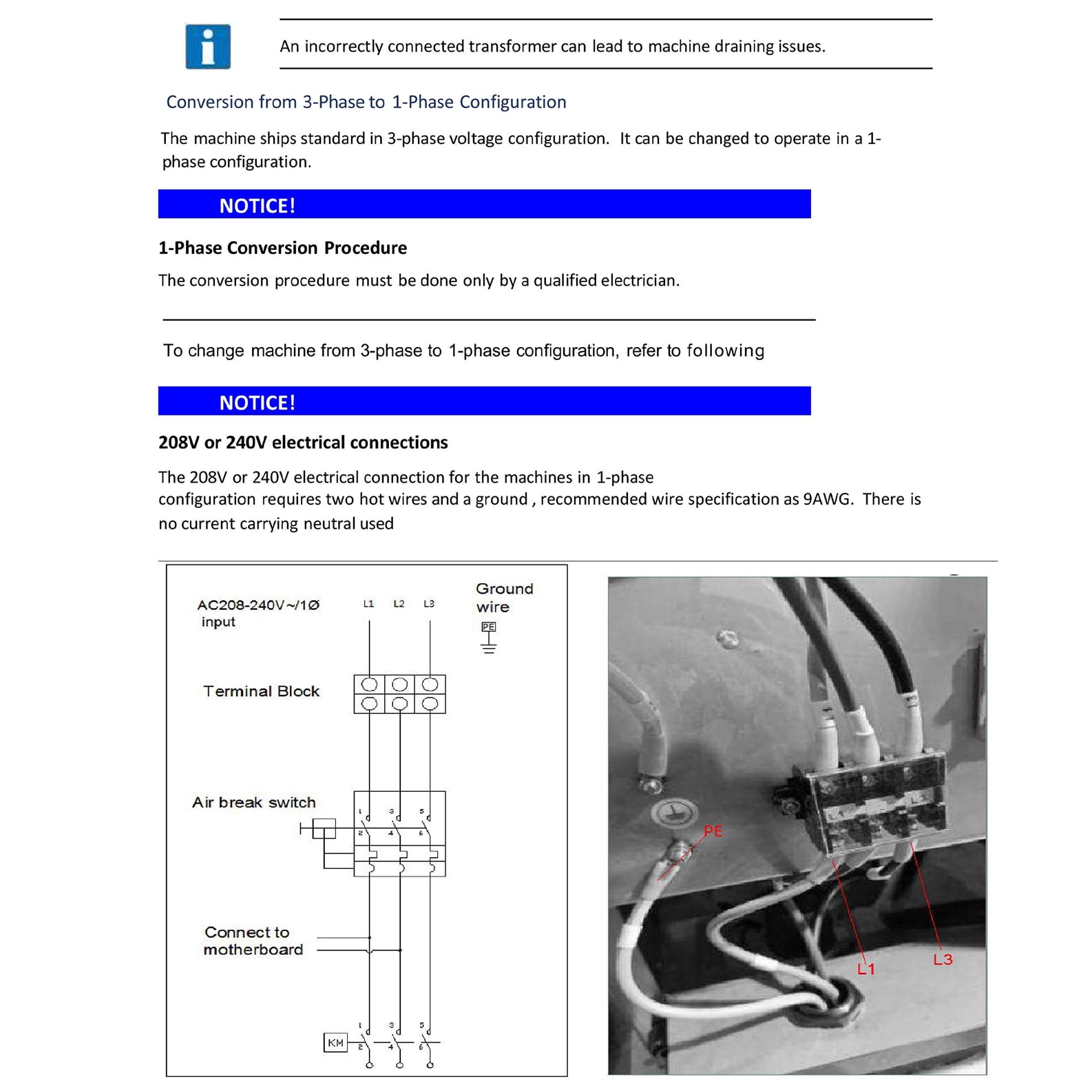 Requires 208–240V 3-phase power and must be hardwired by a professional electrician