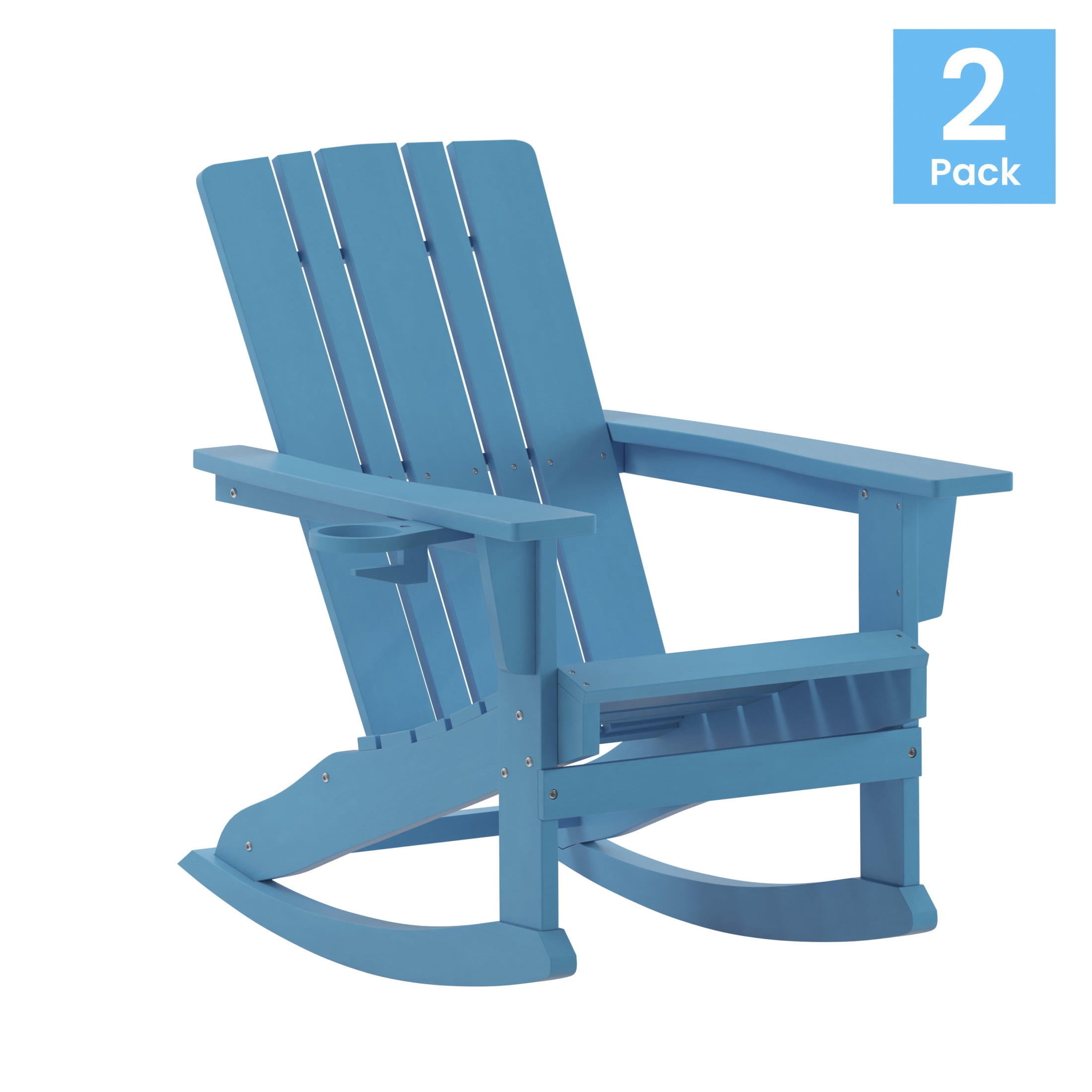 Flash Furniture Halifax Adirondack Rocking Chair with Cup Holder, Weather Resistant HDPE Adirondack Rocking Chair in Blue, Set of 2