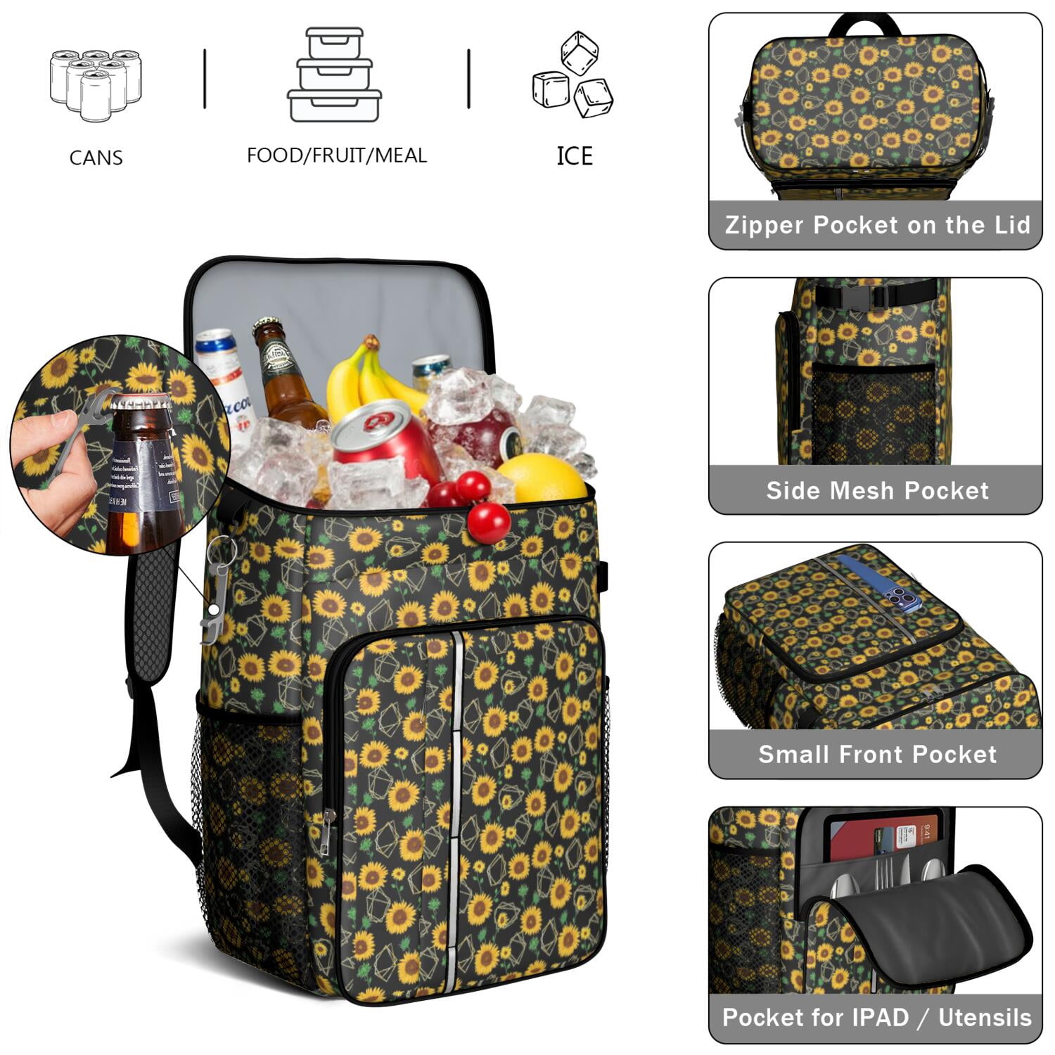 Travel Cooler Bag - Black Sunflower Camping Beer Cooler Backpack with Bottle Opener- Waterproof Insulated Picnic Backpacks - Cooler Bag for Beach