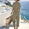 thumbnail image 4 of CIENVNSTG Two Piece Sets for Women Summer V Neck Wrap Front Knot Top and Cropped Wide Leg Pants Fashion Solid Color Irregular Resort Wear Clothing Khaki XL, 4 of 4