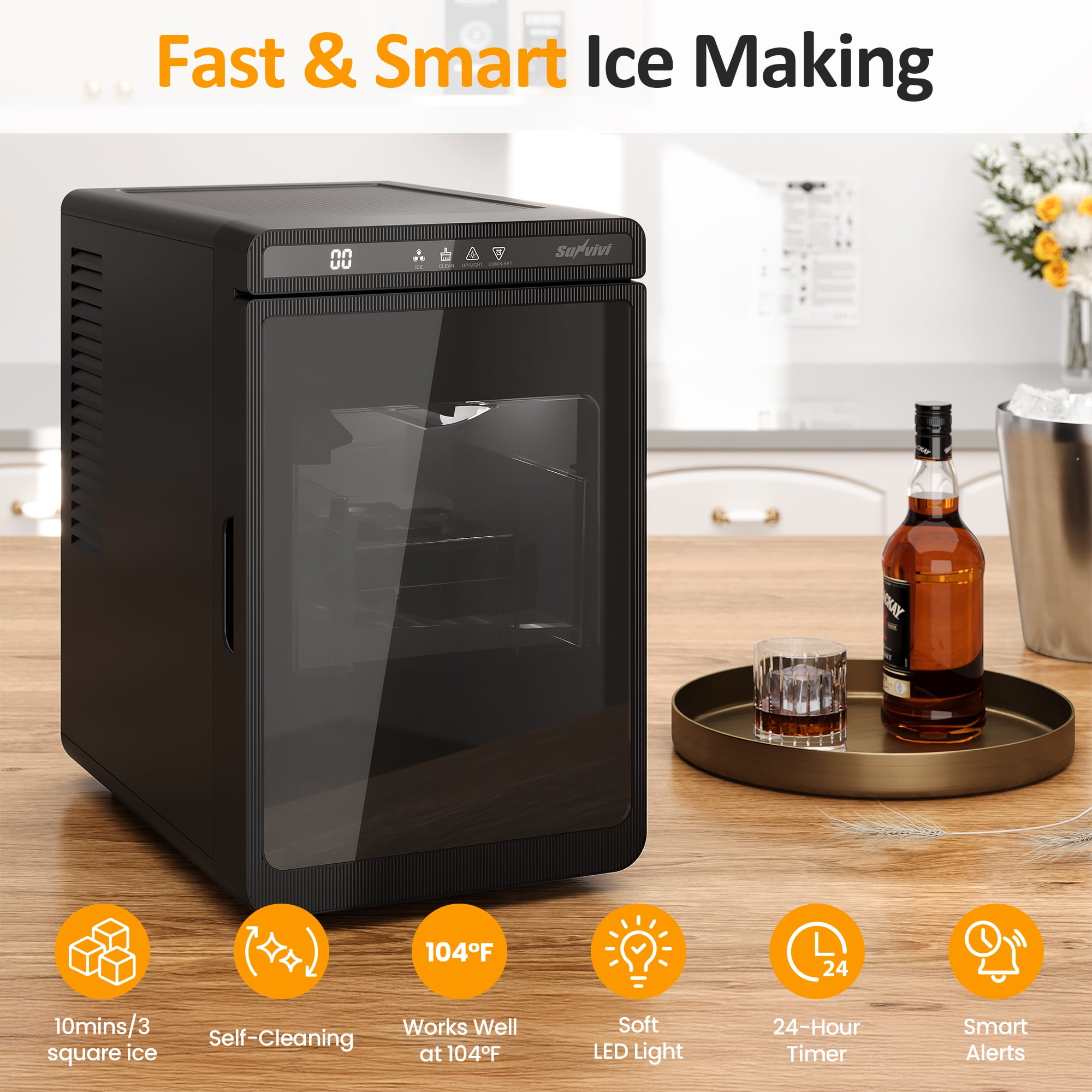 Cozy Home Clear Ice Maker for Home – Compact Countertop Ice Machine with 1.6" Square Ice Cubes, Self-Cleaning, LED Light & Timer, Portable Electric Ice Maker for Kitchen, Bar, RV, Black