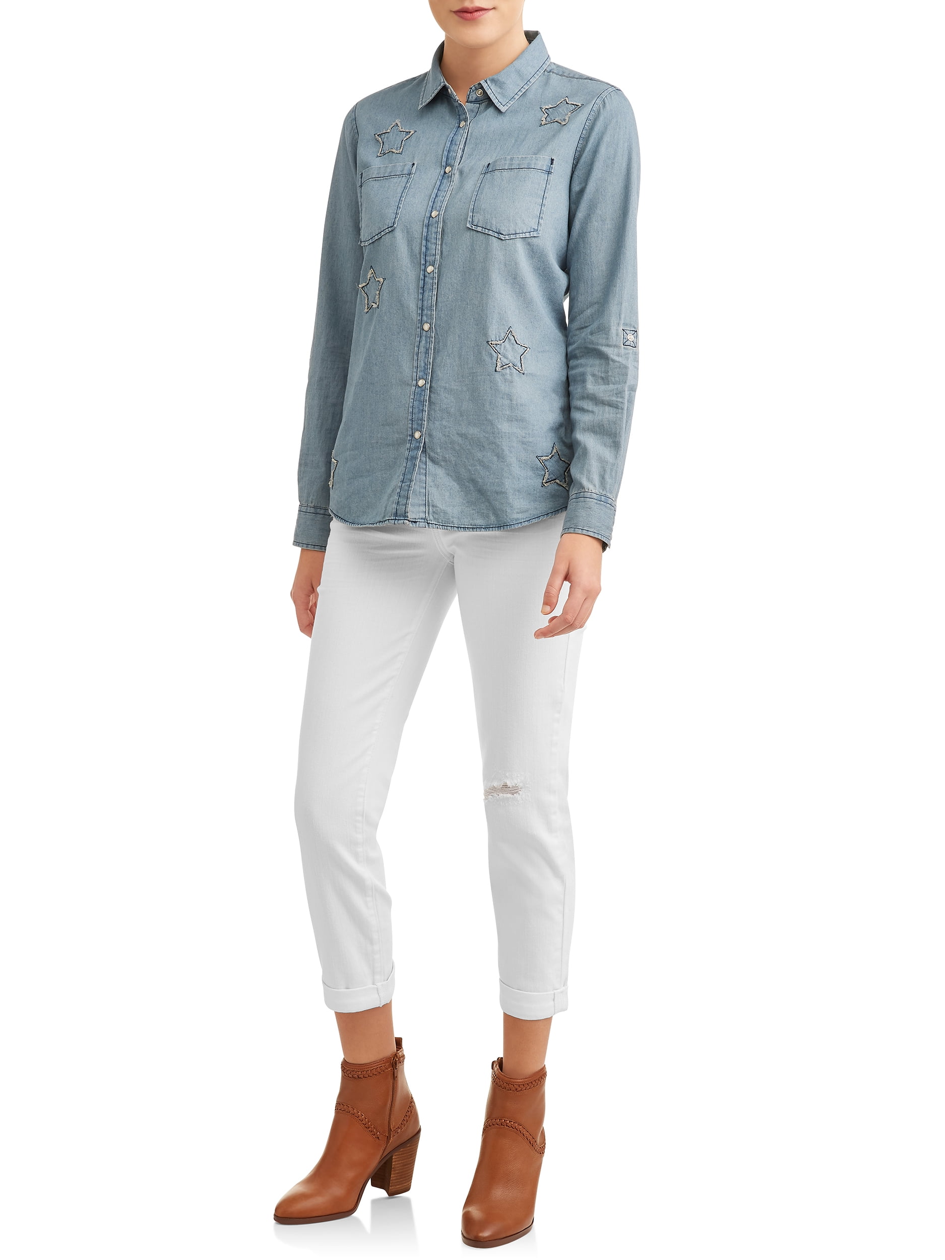 Women's Star Applique Roll Tab Denim Shirt