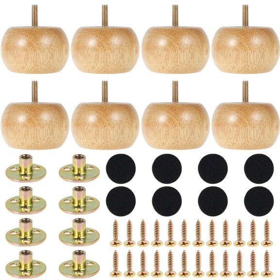 8Pcs Wooden Furniture Legs Solid Rubber Wood Furniture Feet with Screws DIY Furniture Feet Round Bun Feet Chair Table Feet Replacement Set for Couch Sofa Bed Dresser