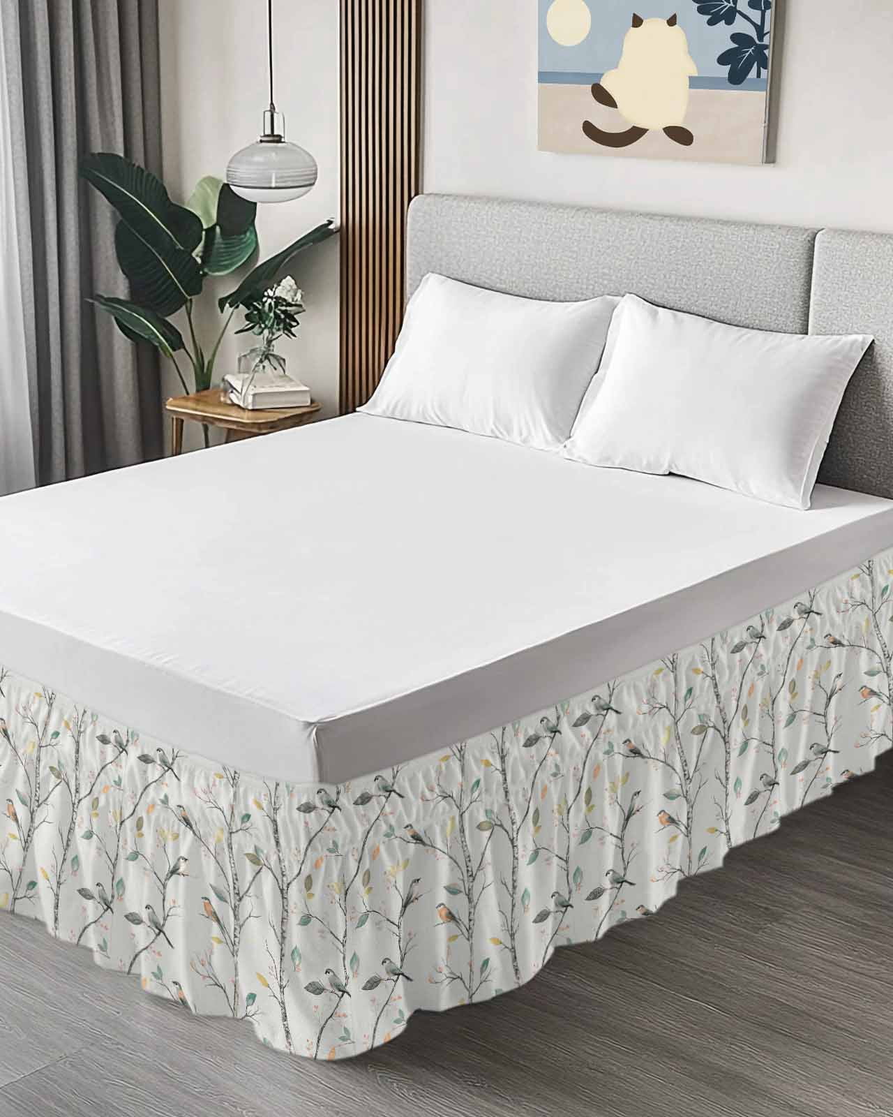 Vintage Botanical Wrap Around Bed Skirts for Queen Bed 16" Drop, Bed Skirt with Adjustable Elastic Belt Dust Ruffle Bed Valance for Bedroom Hotel Luxury Birds Branch Watercolor Leaf Bed Frame Cover