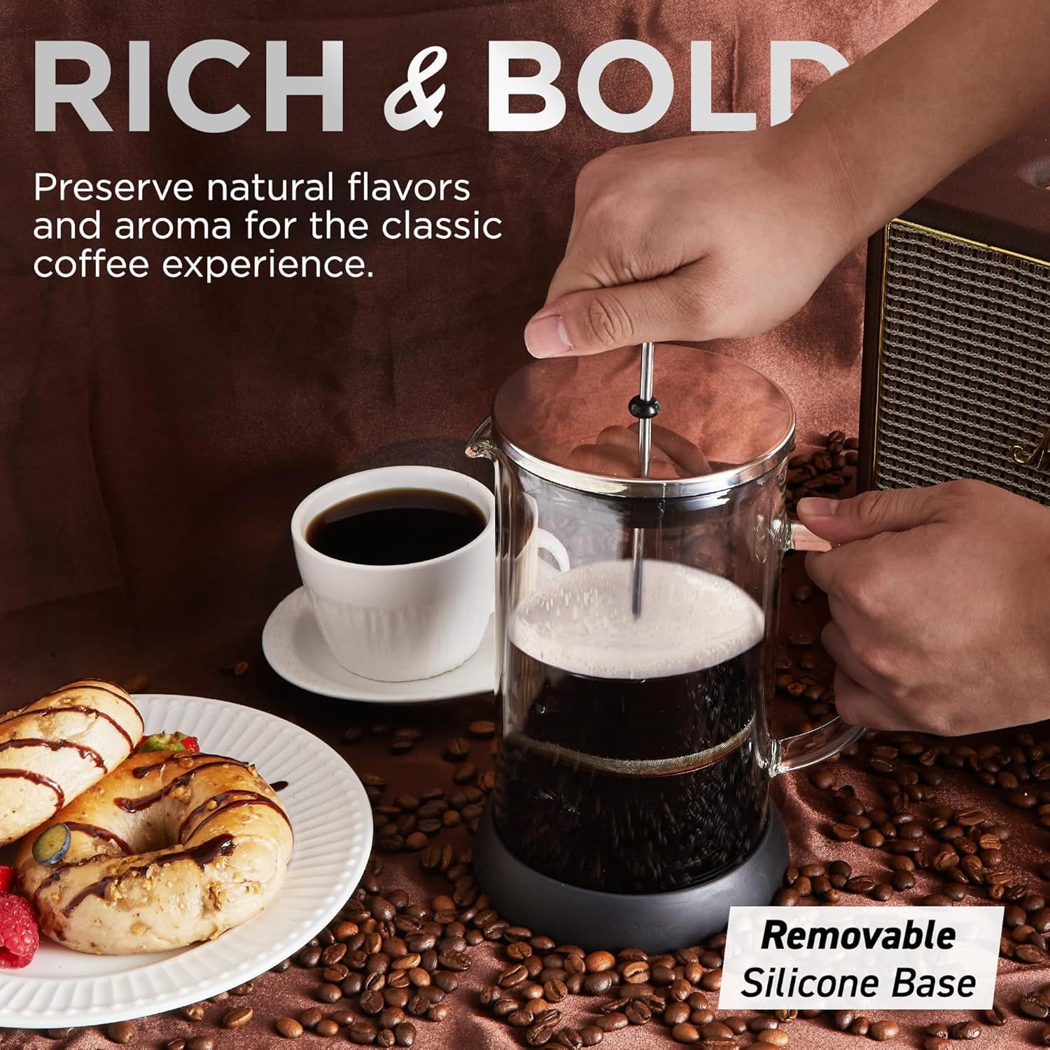 Elite Gourmet FP1223 1 Liter French Press Coffee Maker, Double Wall Insulated Borosilicate Glass Carafe, Dishwasher Safe Stainless Steel Filter/Plunger Assembly, Removable Silicone Base, Easy to Clea