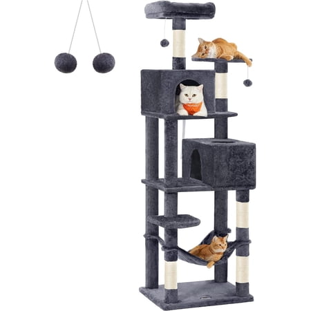 Feandrea Cat Tree, 75.2-Inch Cat Tower for Indoor Cats, Plush Multi-Level Cat Condo with 5 Scratching Posts, 2 Perches, 2 Caves, Hammock, 2 Pompoms, Smoky Gray UPCT191G01