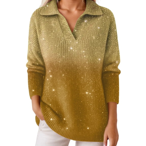 Telankuip Womens Starry Sky Gradient Sweaters Lapel Polo V-Neck Long Sleeve Knit Pullover Plus Size Casual Loose Soft Comfortable Tops for Carnival Party Fashion Outfits 2-Yellow XL